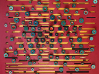 Sol Guillon, Gong, ensamblaje y técnica mixta sobre madera aglomerada, 74 x  60 cm., 2021